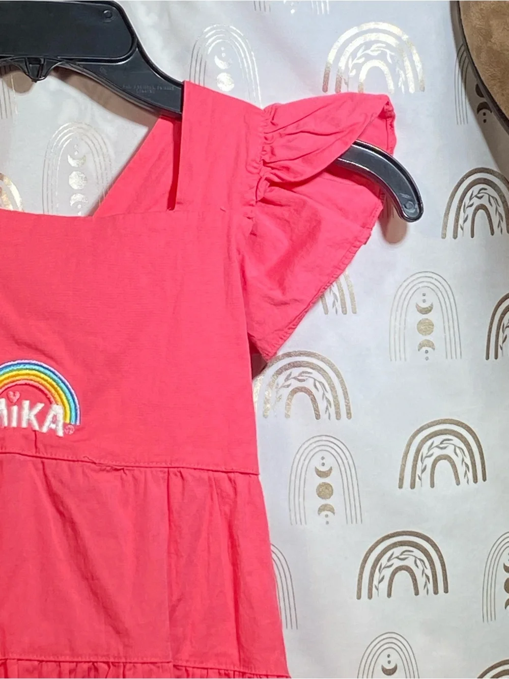 Mika Yoga Wear Coral Pink Tiered Dress with Rainbow Embroidery